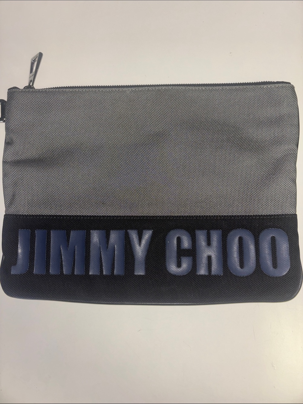 Jimmy Choo Olive Grey and Navy Logo Large Pouch